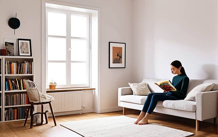 **

A minimalist lifestyle scene showcasing a person enjoying a hobby (e.g., reading, painting) in a clutter-free, brightly lit room with minimal furniture and decor. Focus on serenity and contentment.

**