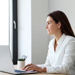 A professional businesswoman in a modest, elegant business casual outfit, sitting calmly at a minimalist desk in a bright, tidy home office. Her laptop screen displays subtle, positive financial charts. The room is uncluttered, filled with natural light, reflecting a sense of peace and financial clarity. She has a serene expression, well-formed hands resting naturally on the desk, proper finger count. Fully clothed, appropriate attire, safe for work, perfect anatomy, correct proportions, natural pose, professional photography, high quality, appropriate content.