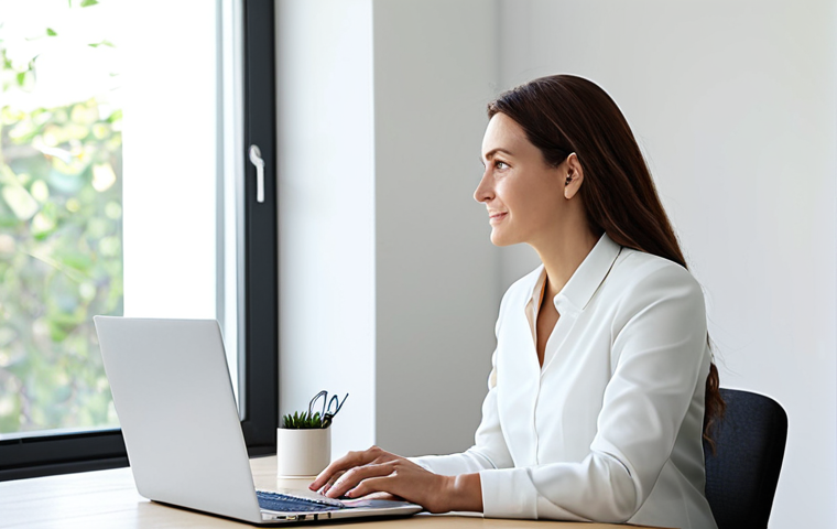 A professional businesswoman in a modest, elegant business casual outfit, sitting calmly at a minimalist desk in a bright, tidy home office. Her laptop screen displays subtle, positive financial charts. The room is uncluttered, filled with natural light, reflecting a sense of peace and financial clarity. She has a serene expression, well-formed hands resting naturally on the desk, proper finger count. Fully clothed, appropriate attire, safe for work, perfect anatomy, correct proportions, natural pose, professional photography, high quality, appropriate content.